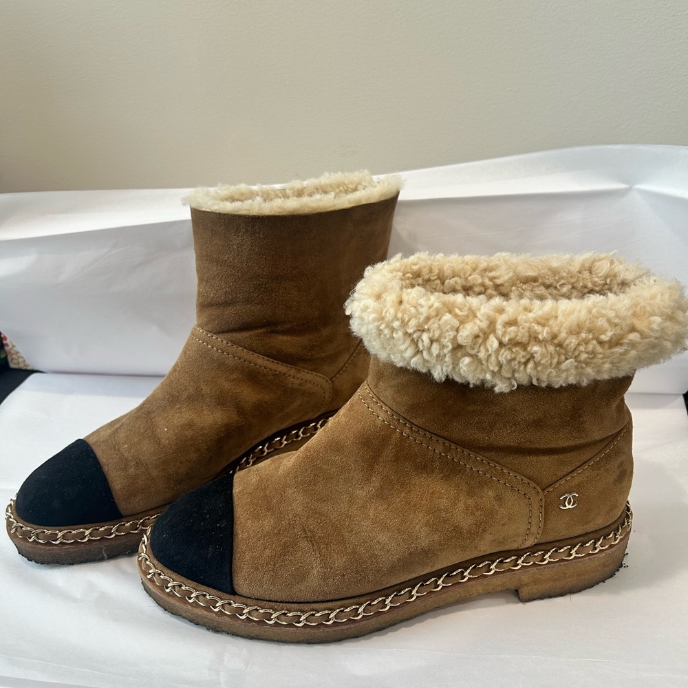 CHANEL Coco Chain Suede Leather Mouton Short Boots Brown Size 37.5 US 7